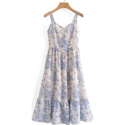 YENKYE Vintage Floral Print Sexy Sling Chiffon Dress Women Sleeveless V Neck A-line Holiday Summer Vestido Prairie Chic Robe