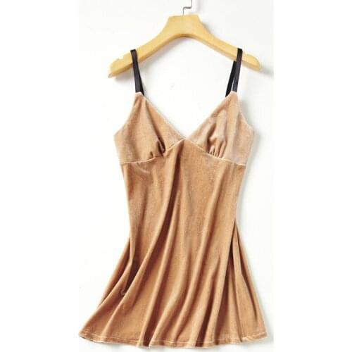 Ladies Champagne Velour Sexy V-Neck Nightdress With Bra Spaghetti Strap Nightgown Spring Autumn New Sleepwear Lounge Pyjamas