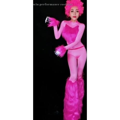 Female circus troupe role playing feather tail clown wig leotard jumpsuit nightclub sexy stage one piece performance wear