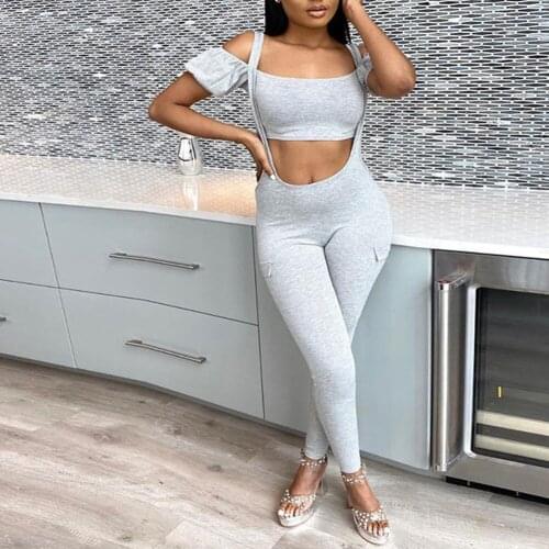 Fashion Sexy Club Sport Two Piece Set Women Solid Off Shoulder Crop Top+High Waist Bodycon Overall Jumpsuit Casual Tracksuit