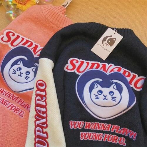 Women Knitted Sweater Grunge Oversize Pullover Ladies Winter Loose Sweater Y2K Cat embroidery graphics Women Jumper Sueter Mujer