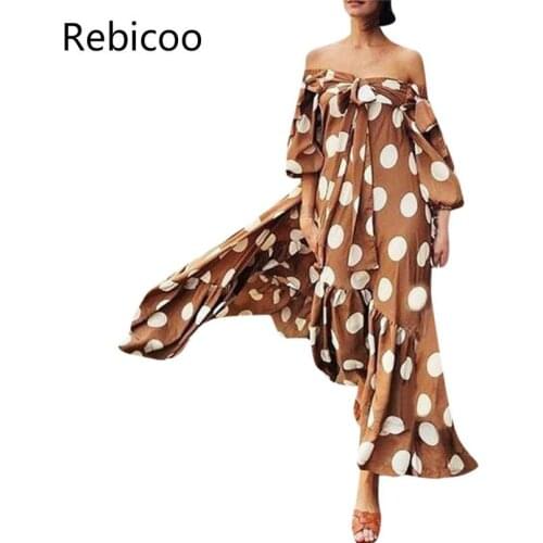 Ruffle Polka Dot Boho Dress Summer Women Off Shoulder Beach Maxi Dress Loose Plus Size Long Dress Yellow Ladies Dresses