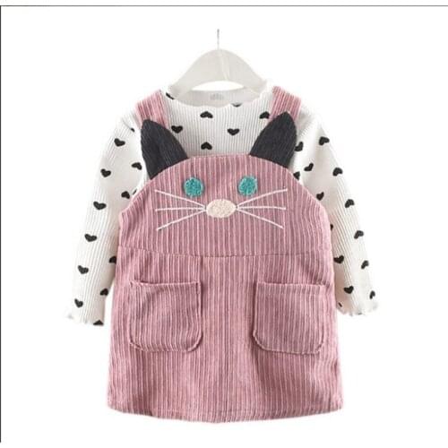 New Children Spring Clothing Sets Heart Knit Shirt + Belt Lovely Cat Dress Kids 2pcs Set
