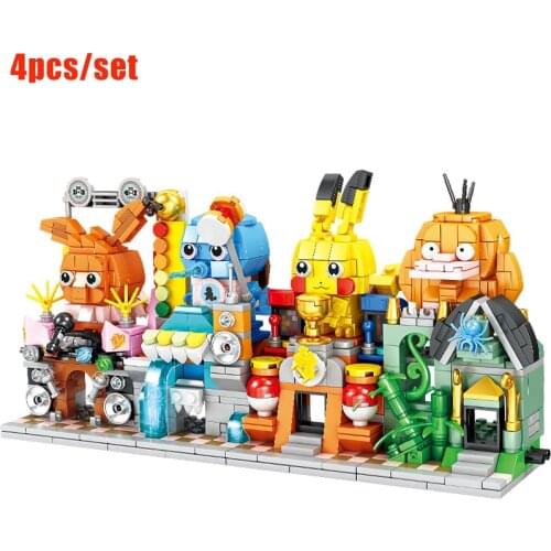 4pcs 2021 New Pokemon Pikachu Street View Pikachu Pokémon Duck Building Block Toy Model Set Childrens Christmas Gifts