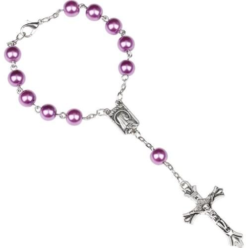 QIGO Catholic Jewelry Purple Glass Pearl Cross Pendant Rosary Bracelets Gifts