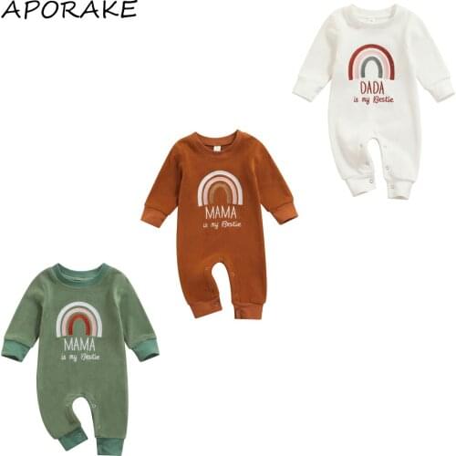 2021 0-18M Infant Baby Girl Boy Romper Rainbow Letter Embroidery Long Sleeve Round Neck Jumpsuit Fall Winter Fur Warm Outfit