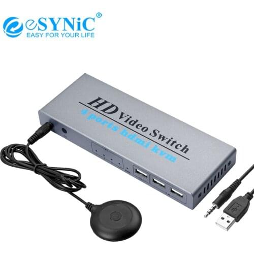 ESYNiC HDMI KVM Switch 4 In 1 Out Switcher Box KVM Switch HDMI 4 Port Box Support 4K@30Hz Resolution For 4 PCs Share Monitor