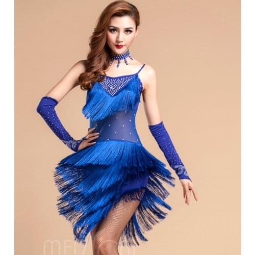 2019 Latin Dance Costume 3piece (Dress+Necklace+Gloves) Regatas Femininas Orange/Black/Rose/Red Fitness Clothes Free Shipping