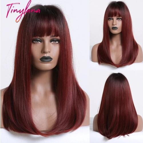 TINY LANA Long Straight Wigs with Bangs Ombre Brown Wine Red Synthetic Wigs for Women Natural Hair Wigs Heat Resistant Fibre