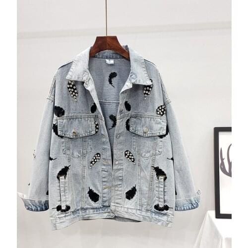 Embroidery Diamond Loose Denim Jacket Female Fashion Feathers Pattern Short Coat Streetwear Spring Blue Long Sleeve Outerwear