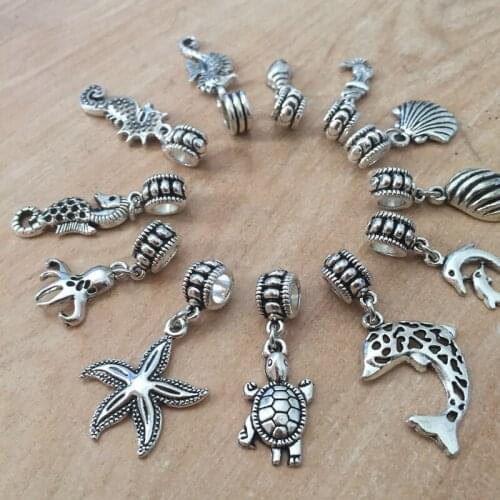 Mix 36pcs Ancient Silver Big Hole Loose Beads With Marine Animal Charm Fit Pandora Charm Bracelet DIY Pendant Jewelry Making