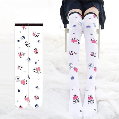 Little Milk Cow Cute White Cartoon Print Over-knee Stockings Velvet Women Girls Harajuku