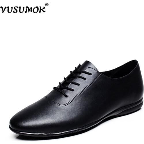 VUSUMOK Genuine Leather Ballroom Latin Tango Dance Shoes Black Sneakers Soft for Men Modern Shoes Flat Heel Plug Size 33-48
