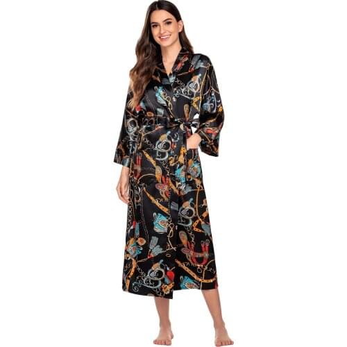 Women Night Robe Floral Print Tops Leaves Birds Chain Satin Detachable Sash Nightgown Nightdress Sleepwear