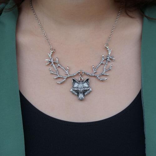 SanLan Gothic wolf necklace witch jewelry goth wiccan branches necklace christmas gift