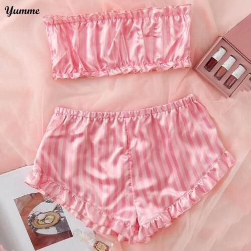 Women 2PCS Pink Pajamas Tube Top Shorts Set Sleeveless Satin Silk Pajama Set Cute Sleepwear Ladies Home Suit Sleepwear #BL3