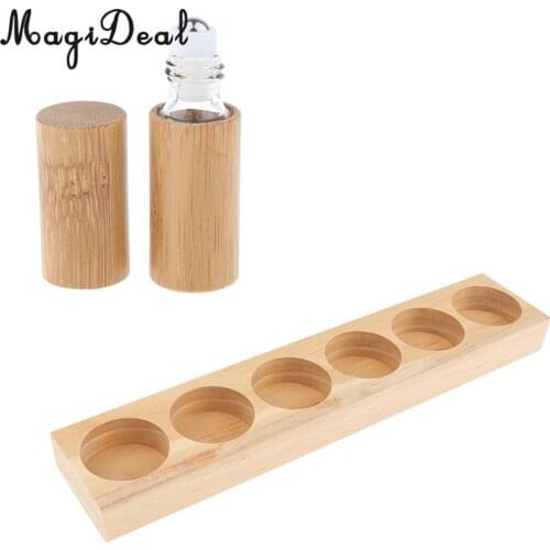 Natural Wood Essential Oil Storage Display Rack Holder Organizer Stand with Refillable Empty Roller Ball Bottle Set