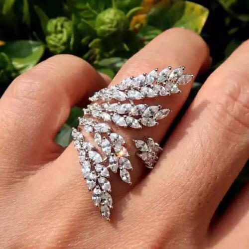 Luxury Female White Leaf Crystal Ring Real 100% 925 Sterling Silver Wedding Rings For Women Charm Branches Open Engagement Ring