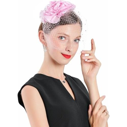 New Fascinator Big Rose Flower Wedding Women Hats For Elegant Fedora Woman Veil Pink Church Cocktail Party Prom Girl child Cap