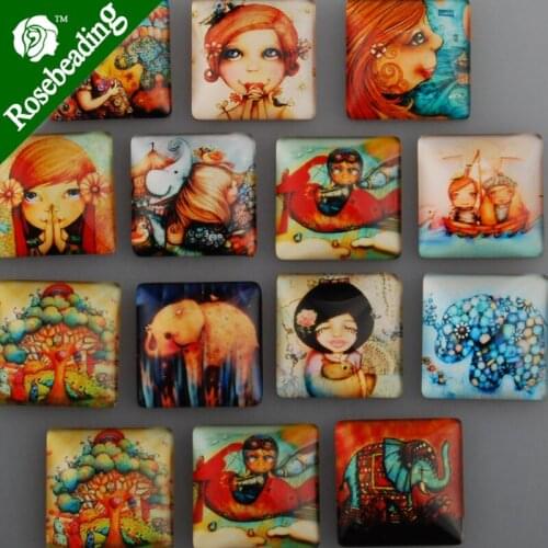 25mm square pattern glass cabochon,mixed cartoon pictures,flat back,thickness 6.5mm,sold 20pcs/lot-C4540