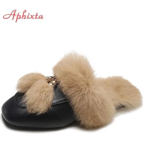 Aphixta Real Fur Slippers Shoes Woman 2020 Mules Womens Furry Slippers Winter Warm Women Shoes Fashion Slippers Rabbit Hair