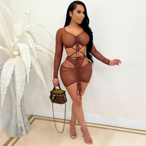 2021 Best Quality Famous Brand 2 pcs Women Set Solid Bandage V-Neck Short Tops Mini Dress Summer Sexy Club Outfits