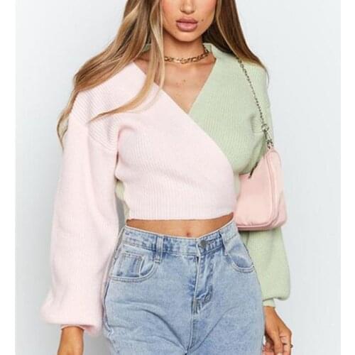 Women Knitted Cardigan Tops Contrast Color Patchwork Long Sleeve V Neck Bandage Slim Sweaters Ladies Girls Fashion Knitwear Fall