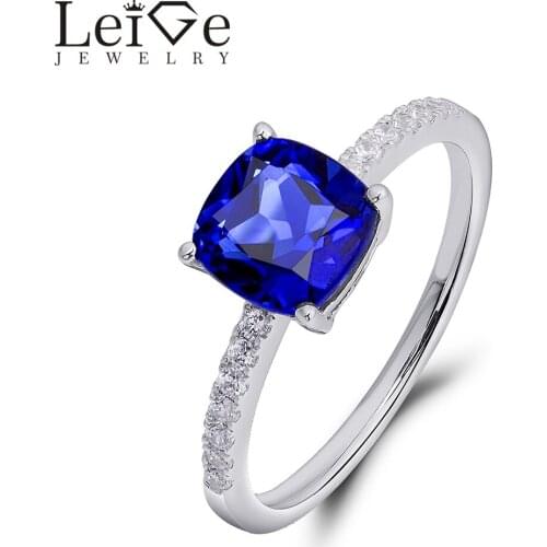 Leige Jewelry Blue Sapphire Ring Cushion Cut 925 Sterling Silver for Women Wedding Promise Ring Delicate Christmas Gift