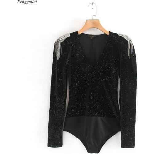 Women Sexy Deep V Neck Bright Velvet Bodysuit Shirts Women Chic Epaulette Siamese Blouse Femininas Playsuits Blusas Tops