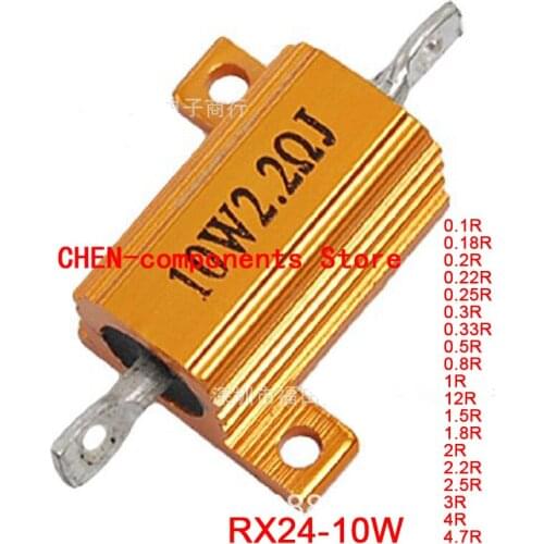 5PCS RX24 10W Gold aluminum shell resistor 0.1R 0.18R 0.2R 0.22R 0.3R 0.33R 0.5R 0.8R 1R 1.2R 1.5R 1.8R 2R 2.2R 2.5R 3R 4R 4.7R
