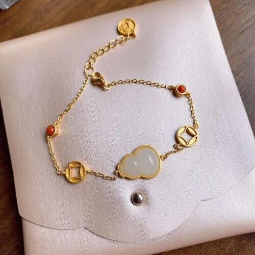 Natural Hetian Jade White Jade Gourd Bracelet S925 Sterling Silver Copper Coin Lucky Word Southern Red Agate Bracelet Gift for M
