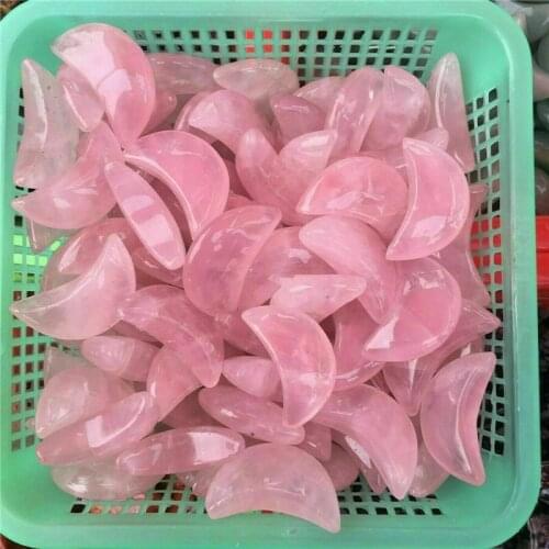 Healing minerals beautiful hand carved natural pink rose quartz crystal moon shaped gemstone for Home decoration