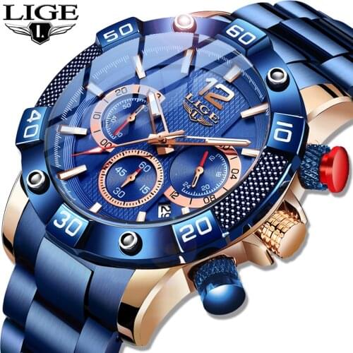 LIGE 2020 New Fashion Blue Mens Watches Top Brand Luxury Clock Sports Chronograph Waterproof Quartz Watch Men Relogio Masculino