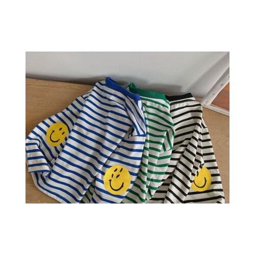 Childrens T-shirt 2021 Autumn New Baby Boys and Girls Striped Smiley Face Bottoming T Shirt Baby O-neck Long-sleeved T-shirt