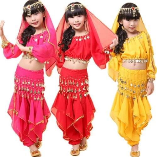 Child belly dance costume set girl dance clothes kids india performance wear 5pcs Top&Pant&Belt&Headband&Bracelet VL-K6