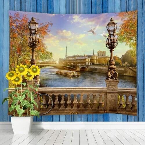 Oil Painting Bridge And River Tapestry Wall Hanging City Scenery Living Room Bedroom Dorm Tapestries Home Art Decoration Curtain