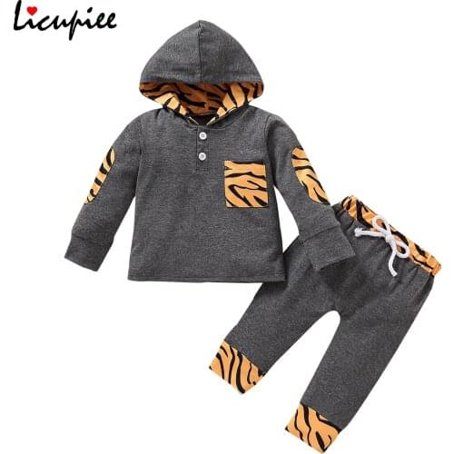 Baby Boys Long-sleeved Trousers Suit Unique Printed Stitching Hooded T-shirt and Elastic Long Pants 0-12 Months