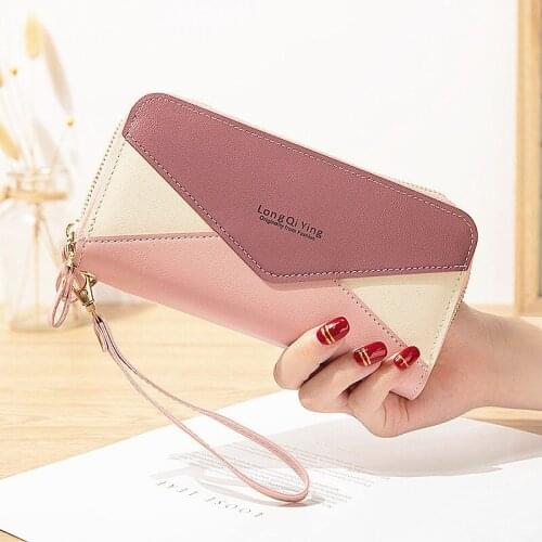 Women Wallets Envelope Color Contrast Long Double Zipper Wristband Female Letter Phone Bag Coin Purses Ladies Multi-card Holder