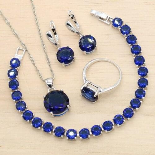 Round Royal Blue Cubic Zircon Silver Color Jewelry Sets For Women Wedding Earrings Pendant Necklace Bracelet Ring Christmas Gift