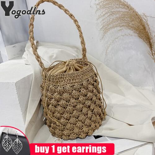 Summer Handmade Crossbody Bag for Women Beach Shoulder Bag Weaving Drawstring Straw Bucket Bag Female Travle Small Handbags Tote