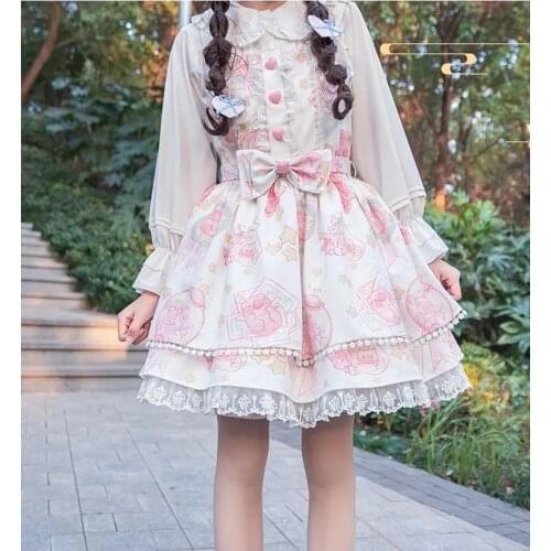 Japanese Sweet Kawaii Jsk Lolita Dress Women Vintage Victorian Gothic Cartoon Sleeveless Bow Lace Princess Tea Party Dresses