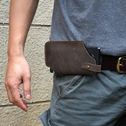 Mens Fanny bag Leather running outdoor mobile phone Fanny bag real cowhide mens portable waist pack crazy horse skin mens bag