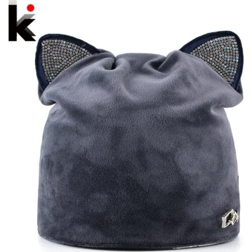 Autumn Winter Womens Beanies Cat Hat Ladies Warm Velvet Skullies Cap With Flashing Rhinestone Ear Flaps Girls Cute Bonnet Touca
