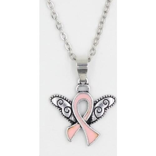 10PCS Wholesale New Arrival Breast Cancer Necklace Pink Ribbon Necklace Angel Pendant Necklace for Breast Cancer Awareness Gifts