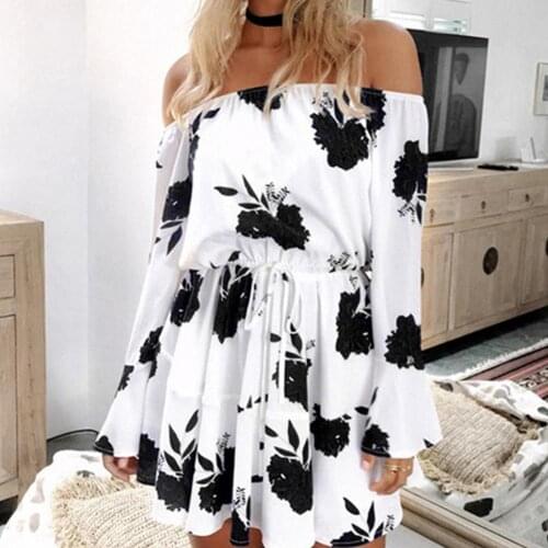 Dress Womens Printed Sundress Casual Long Sleeve Women Sexy Off Shoulder Long Sleeve Floral Print Drawstring Mini Party Dress