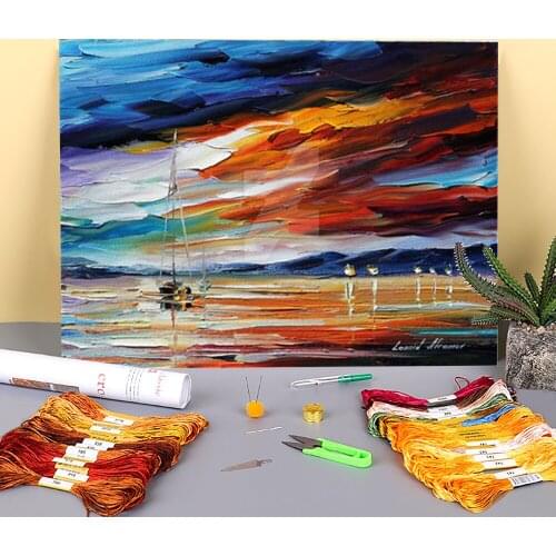 Glowing Sunset Printed Fabric 11CT Cross-Stitch Complete Kit DIY Embroidery DMC Threads Needlework Craft Hobby Knitting Floss