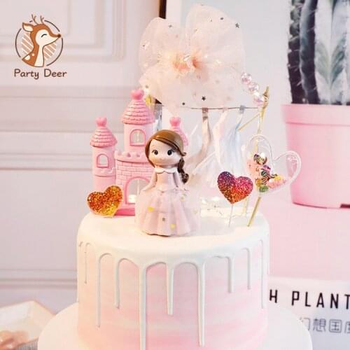 Unique Birthday Cupcake Topper Supplies Decorations Pink Girl Princess Castle Wedding Birthday Resin Cake Topper