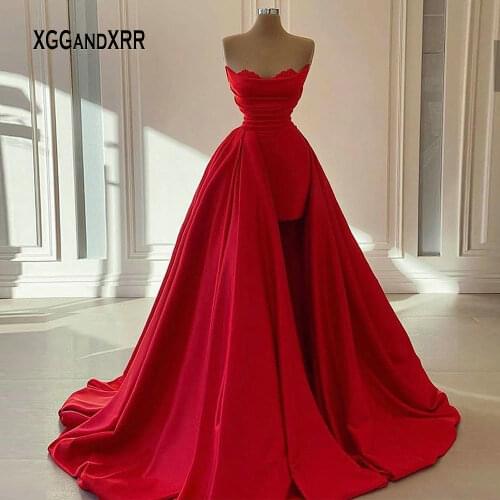 In Fashion High Low Prom Dress 2021 Red Matte Satin Sweetheart Backless Pleats Formal Evening Party Gown Plus Size Custom Made