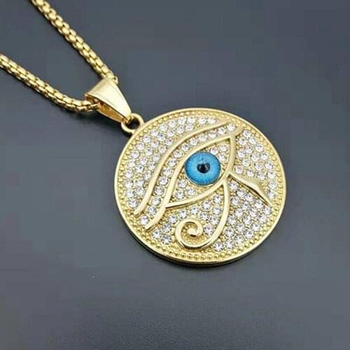 Hip Hop Rock Full Rhinestone Bling Iced Out Gold Color Stainless Steel Eye of Horus Pendant Necklace for Men Rapper Jewelry