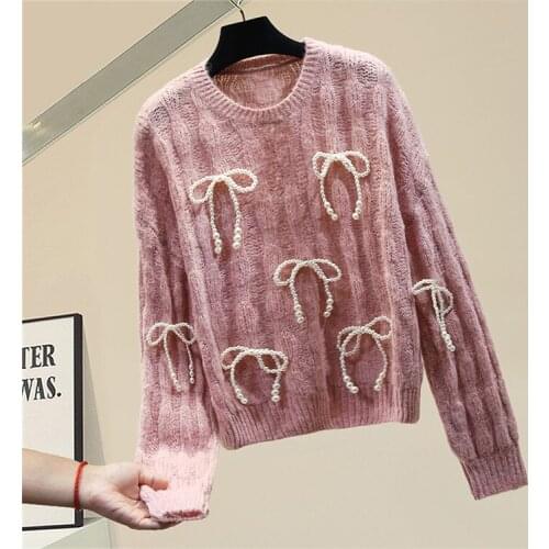 Knitted Sweater for Womens 2020 New Fall Winter Heavy Industry Knitted Beading Bowknot Pink Knit Pullover Jumper Girls Knitwear